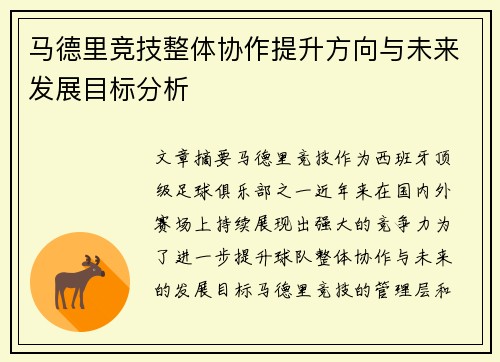 马德里竞技整体协作提升方向与未来发展目标分析